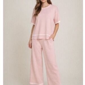 Pink Knit Lounge Set | Short Sleeve Top & Wide Leg Pants | Cozy Two Piece Outfit
